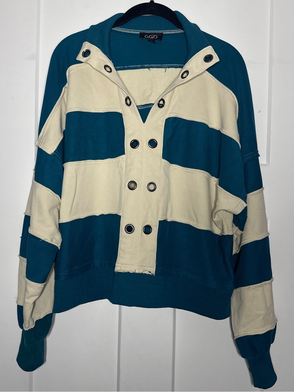 GOGIO Oversized Cotton Blend Pullover Anthropologie Dupe in Teal and Cream